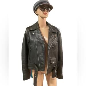 Vintage FMC Black Leather Motorcycle Biker Jacket Womens XL Black Retro Classic